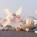 Scenic Photo Spot with White Windmills Golden Snail Sculpture Pink Signboard and Ocean View