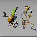 Green And Yellow Animated Characters In Orange Outfits Holding Weapons Standing Together