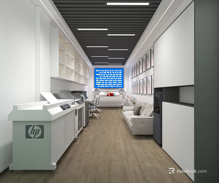 Modern Office Space With HP Equipment White Cabinets Sofa Blue Screen And Wooden Flooring 3d model 