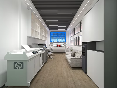 Modern Office Space With HP Equipment White Cabinets Sofa Blue Screen And Wooden Flooring 3d model