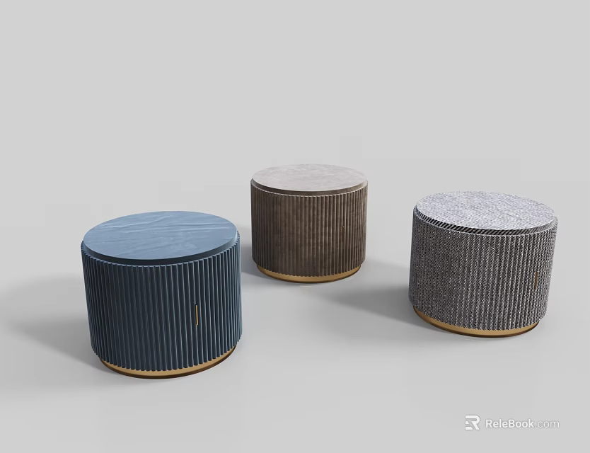 Modern Round Ottoman Stools with Textured Fabric in Blue Brown Gray Colors 3d model 