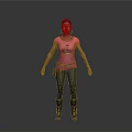 Woman In Pink T Shirt Blue Jeans And Brown Boots Standing On Grey Background