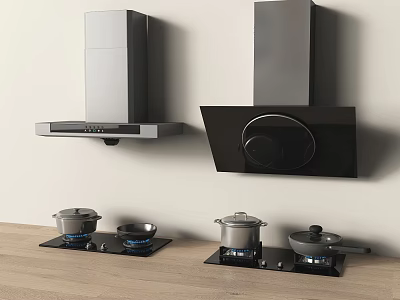 Modern Kitchen Appliances Featuring Silver Black Range Hoods and Gas Stoves with Pots on Burners 3d model