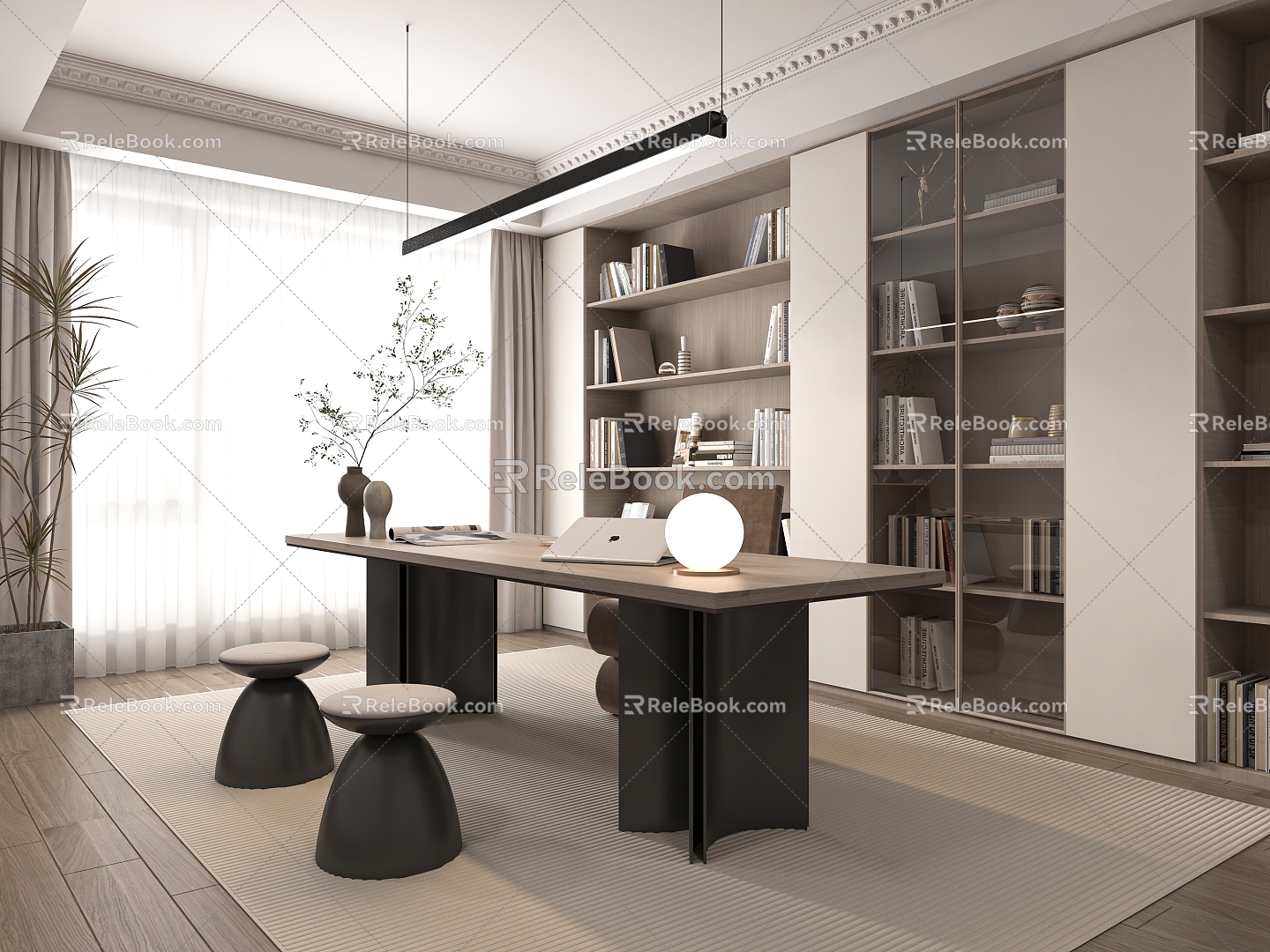 Modern study desk and chair combination bookcase 3d model