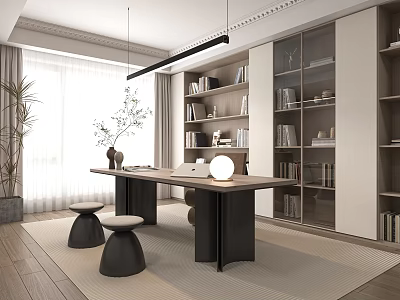Modern Home Office With Built In Bookshelves Wooden Desk Laptop Round Lamp And Indoor Plants 3d model