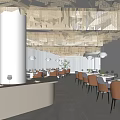 Elegant Restaurant Interior With Golden Mesh Ceiling Columns Dining Tables And Pendant Lights