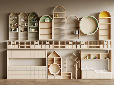 Various Shaped Natural Wood Bookcases Featuring Arched Circular House Shaped Designs And Open Shelves 3d model