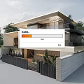 Modern Two Story Detached Villa With Large Glass Windows Balcony Railings And Surrounding Trees