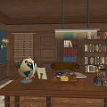 Office Interior with Dark Blue Walls Wooden Bookshelves Globe Desk and Leather Chairs