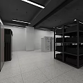 Modern Monitoring Room Interior With Equipment Cabinets Servers Shelves And Ceiling Lights