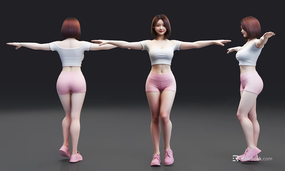 Three Women in White Crop Tops and Pink Shorts with Extended Arms and Pink Shoes 3d model 