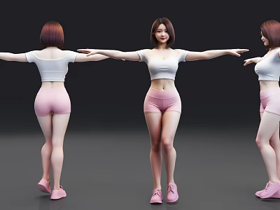 Three Women in White Crop Tops and Pink Shorts with Extended Arms and Pink Shoes 3d model