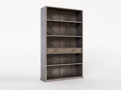 Modern Dark Wood Bookshelf With Decorative Panel Design And Storage Drawers 3d model