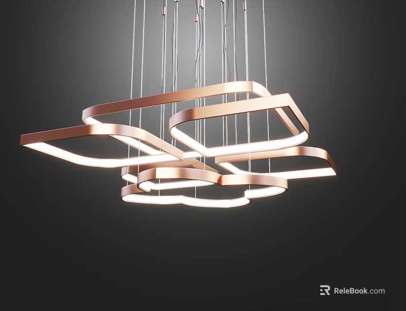 Modern Geometric Chandelier with Multiple Copper Rings Illuminated for Interior Design 3d model 