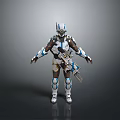 Game Movie Character In Futuristic White Blue Armor With Mechanical Design And Weapon