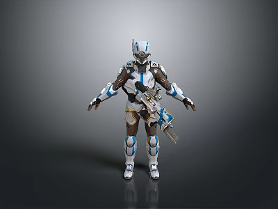 Game Movie Character In Futuristic White Blue Armor With Mechanical Design And Weapon 3d model