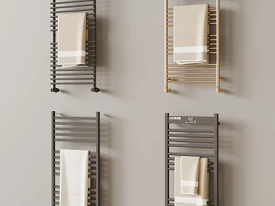 Modern Wall Mounted Towel Racks in Black and Gold with Hanging Towels 3d model