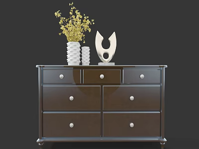 Dark Entryway Console Cabinet with Drawers Doors Silver Knobs Yellow Flowers White Decor 3d model