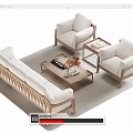Modern Light Colored Sofa and Coffee Table Set with Wooden Frame and Decorative Items 3d model