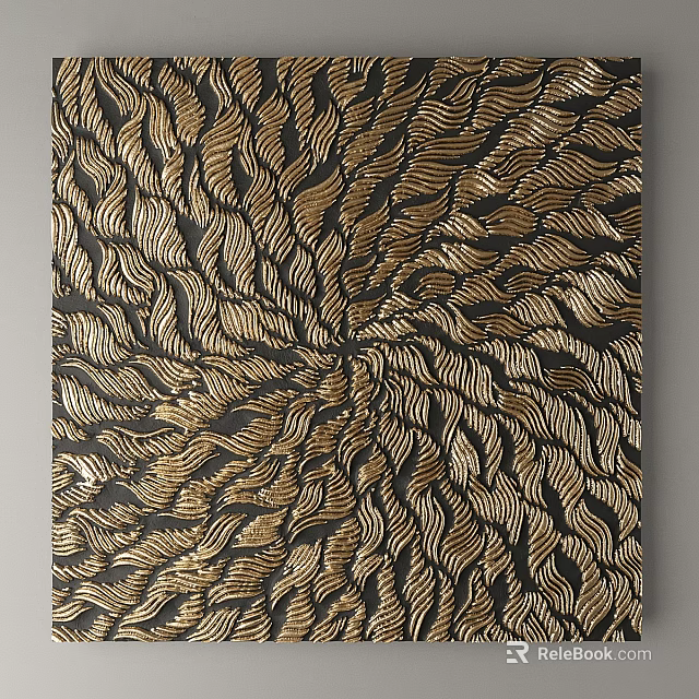 Gold Wavy Feather Pattern Wall Decor on Black Background with Modern Design 3d model 