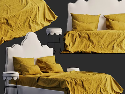Double Bed With Yellow Bed Sheets White Headboard And Small Round Stool 3d model