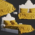 Double Bed With Yellow Bed Sheets White Headboard And Small Round Stool
