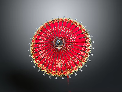Red Traditional Oil Paper Umbrella With Intricate Patterns And Gold Accents 3d model