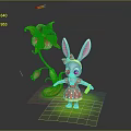 Cartoon Rabbit Game Character With Long Ears Red Bow And Pink Flower On Green Grass