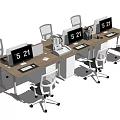 Modern Office Workstations With White Chairs Computer Monitors 521 Digital Clocks And Wooden Tops