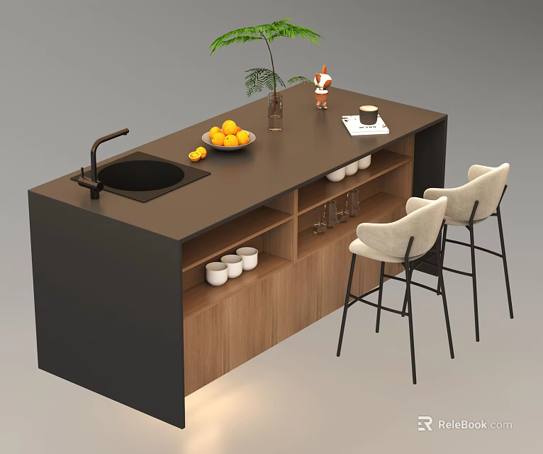 Modern Bar Counter with Dark Countertop Wooden Cabinets Sink Oranges Plant and White Bar Stools 3d model 