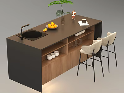Modern Bar Counter with Dark Countertop Wooden Cabinets Sink Oranges Plant and White Bar Stools 3d model