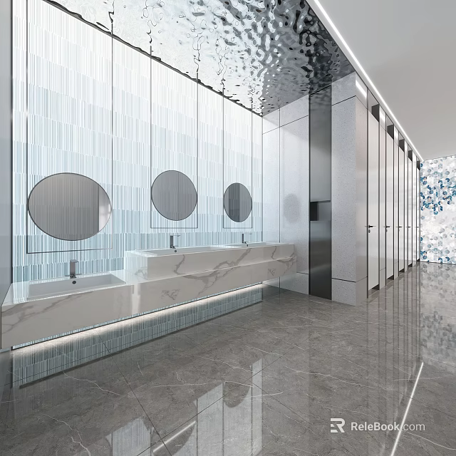 Modern Public Restroom With Mirrored Walls Long Marble Counter Light Strips And Gray Floor Tiles 3d model 