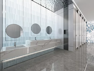 Modern Public Restroom With Mirrored Walls Long Marble Counter Light Strips And Gray Floor Tiles 3d model