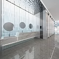 Modern Public Restroom With Mirrored Walls Long Marble Counter Light Strips And Gray Floor Tiles