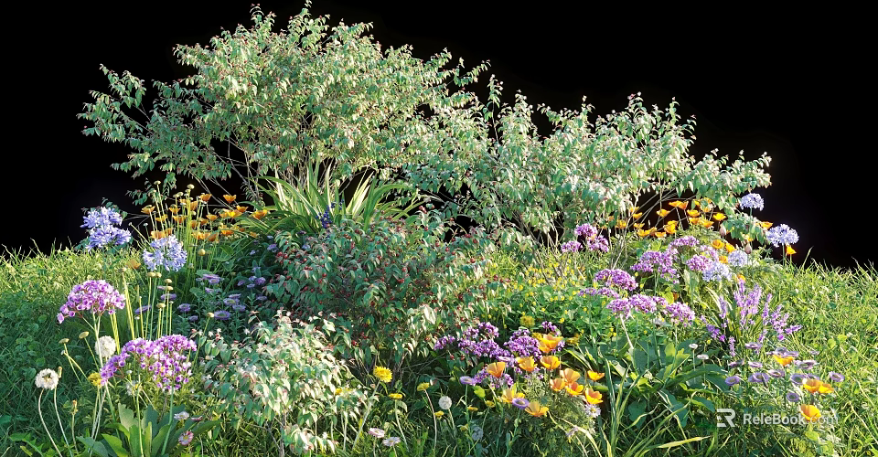 Lush Green Shrubs In Garden With Various Colorful Flowers And Foliage 3d model 