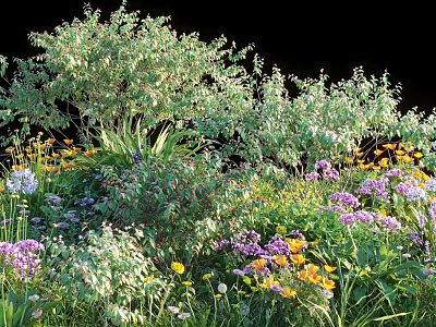 Lush Green Shrubs In Garden With Various Colorful Flowers And Foliage 3d model
