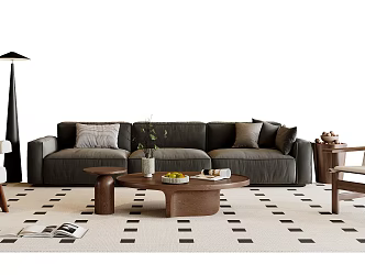 Modern Middle Ancient Style Sofa Coffee Table Combination Fabric Sofa Solid Wood Sofa Single Person Sofa Casual Chair Floor Lamp Side Table Coffee Table Ornaments Walnut 3d model