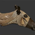 Handmade Animal Skull Sculpture With Leather Material Brown Beige Color Horns And Black Background Reflection