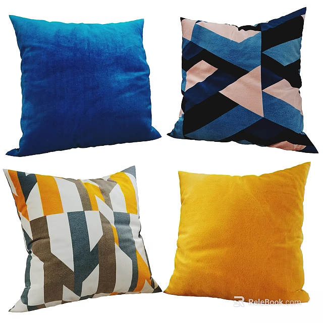 Decorative Velvet Throw Pillows with Blue Yellow Geometric Striped Patterns 3d model