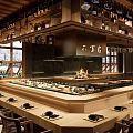 Traditional Japanese Restaurant Interior With Counter Charcoal Fire Wooden Lanterns And Wine Racks