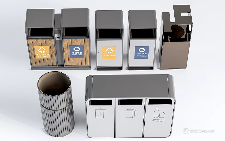 Public Trash Bins For Waste Sorting With Different Designs And Recycling Signs 3d model