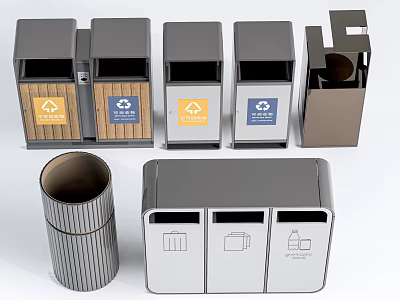 Public Trash Bins For Waste Sorting With Different Designs And Recycling Signs 3d model