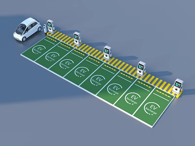 Electric Vehicle Charging Parking Lot With Multiple Charging Stations And Green Spaces 3d model