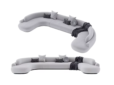Curved Light Gray Multi Person Sofa With Throw Pillows And Striped Throw Blanket 3d model