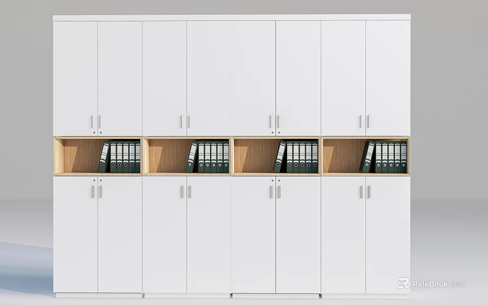 White Modern Bookcase With Multiple Cabinet Doors And Wooden Compartments Storing Black Binders 3d model 