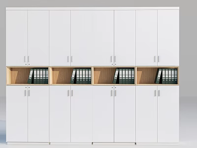 White Modern Bookcase With Multiple Cabinet Doors And Wooden Compartments Storing Black Binders 3d model