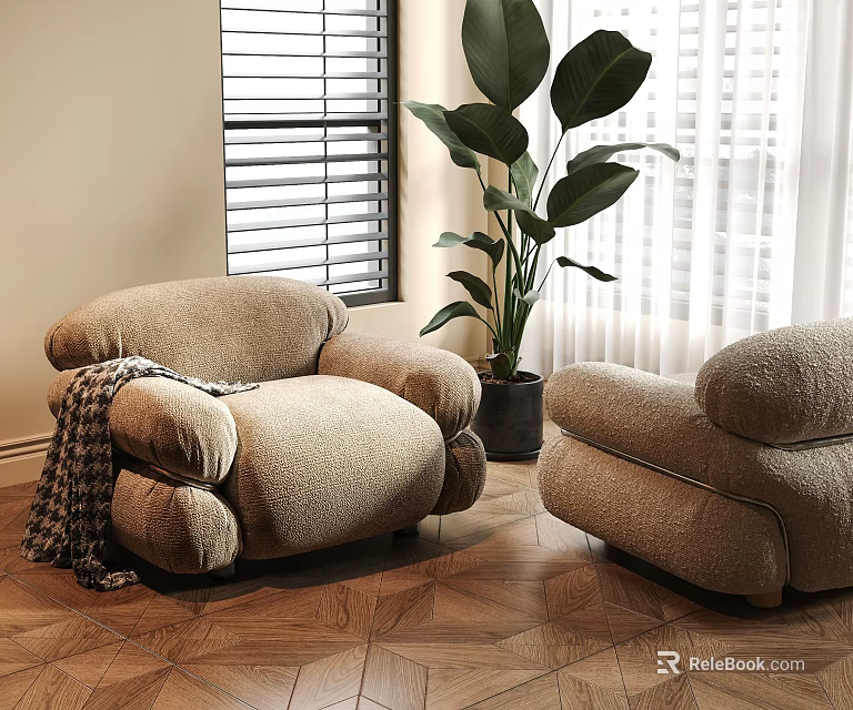 Beige Velvet Single Seater Sofa with Large Green Plant Wooden Floor and Window Blinds 3d model 