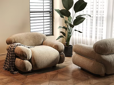 Beige Velvet Single Seater Sofa with Large Green Plant Wooden Floor and Window Blinds 3d model