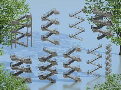 Various Creative Modern Staircase Designs With Spiral Straight Curved Structures And Metal Railings 3d model