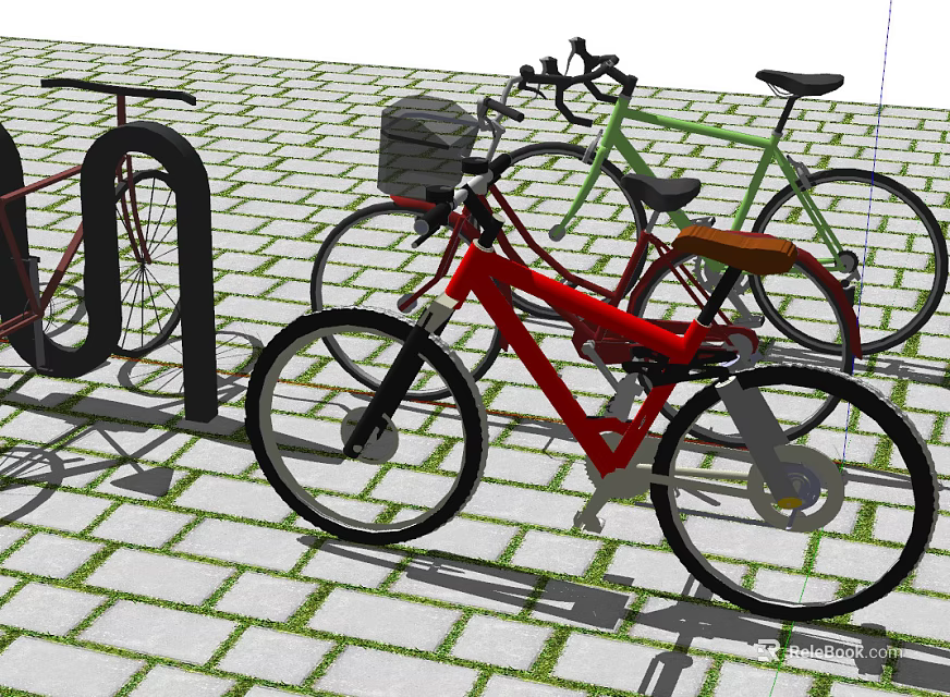 Parked Red and Green Bicycles on Brick Pavement with Bicycle Rack 3d model 